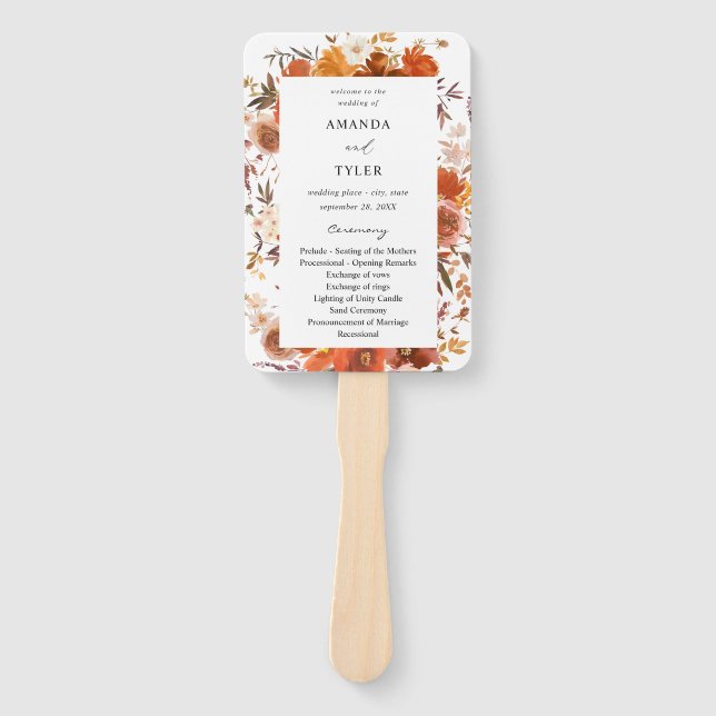 Red & Orange Floral Wedding Program Hand Fan (Front)