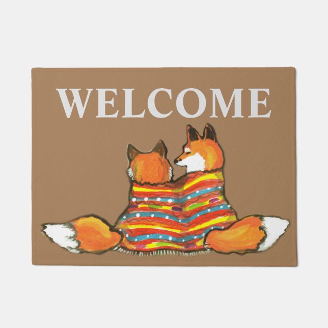 Red Orange Fox Romantic Friend Welcome Custom Doormat (Front)