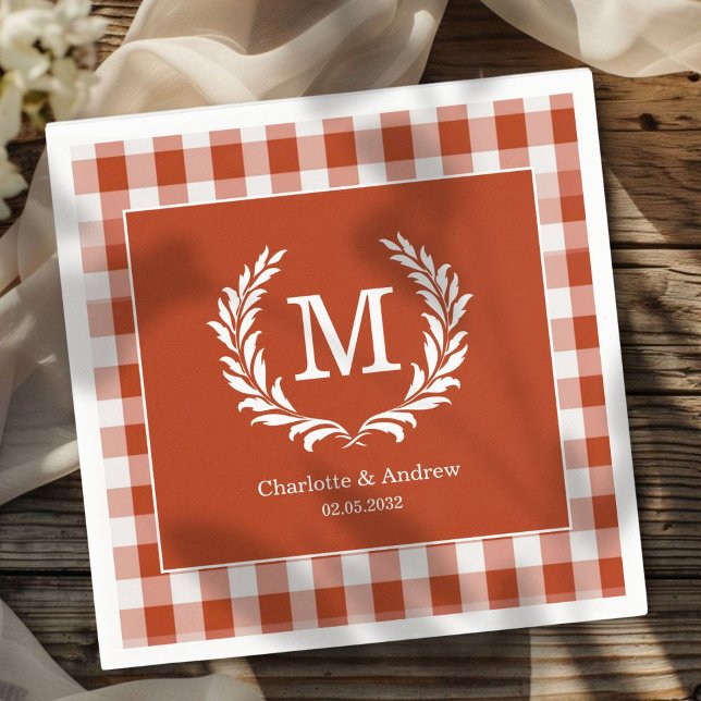 Red-Orange Gingham Monogram Crest Custom Napkin (Red Orange Gingham Monogram Crest Custom Napkins with your Monogram, names and Date.)