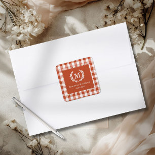 Red-Orange Gingham Monogram Crest Custom Square Sticker
