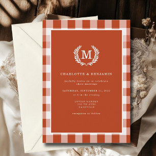 Red-Orange Gingham Monogram Crest  Invitation