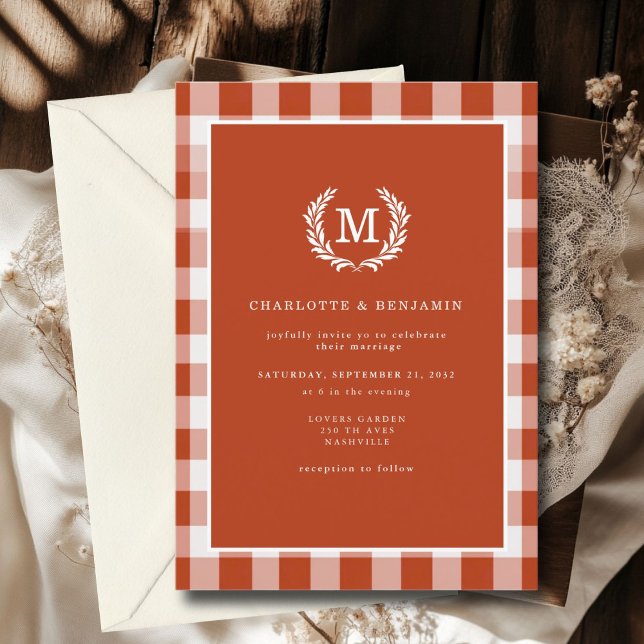 Red-Orange Gingham Monogram Crest  Invitation (Red-Orange Gingham Monogram Crest Invitation. Print & Instant Download.)