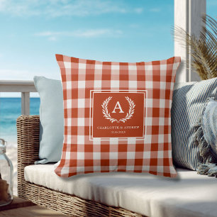 Red-Orange Gingham Monogram Crest Throw Pillow