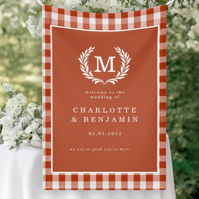 Red-Orange Gingham Monogram Crest Wedding Welcome Banner (Red-Orange Gingham Monogram Crest Wedding Welcome Banner)