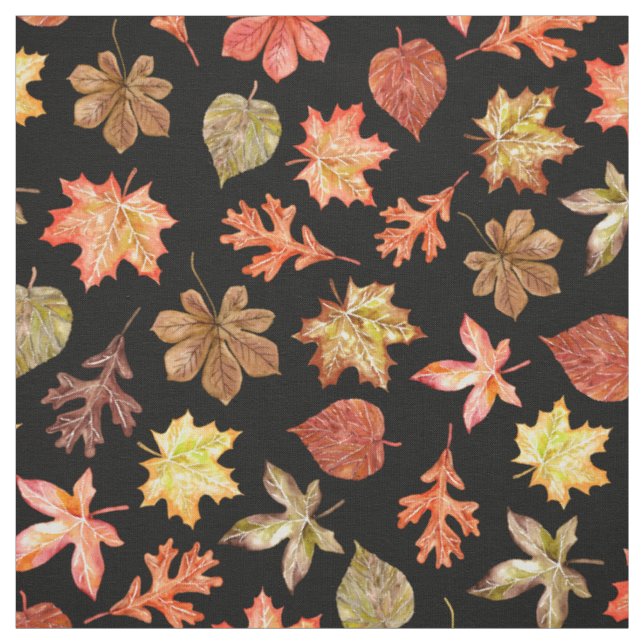red orange gold autumn leaves pattern on black fabric (Swatch)