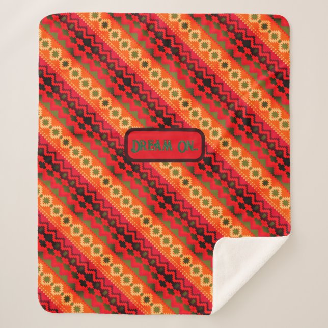 Red Orange Green Aztec  Sherpa Blanket (Front)