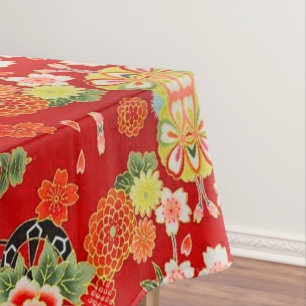 Red Orange Green Japanese Floral Cotton Dining Tablecloth
