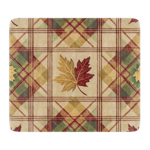 RED ORANGE GREEN PLAID WITH FALL AUTUMN LEAVES CUTTING BOARD