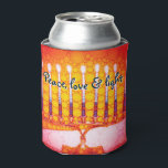 Red Orange Hanukkah Menorah Peace Love Light Artsy Can Cooler<br><div class="desc">“Peace, love & light.” A calligraphy script quote, overlaying a close-up photo illustration of a bright, colourful, red orange and yellow gold artsy menorah, helps you usher in the holiday of Hanukkah in style. Feel the warmth and joy of the holiday season whenever you relax with your favourite beverage with...</div>