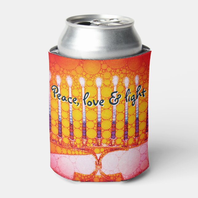 Red Orange Hanukkah Menorah Peace Love Light Artsy Can Cooler (Can Front)