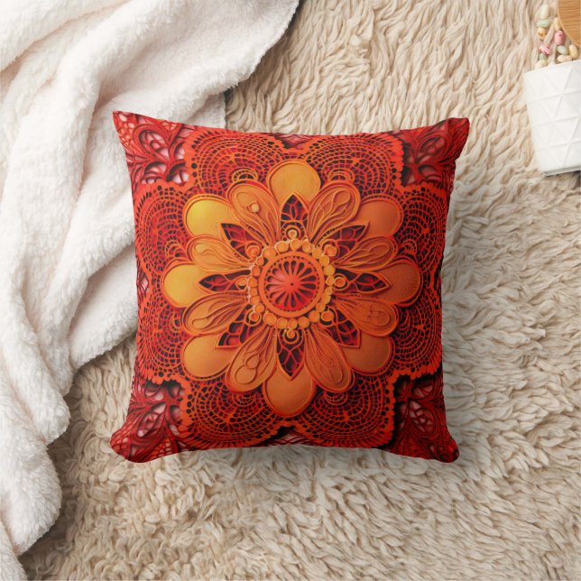 Red Orange Lace Throw Pillow (Blanket)
