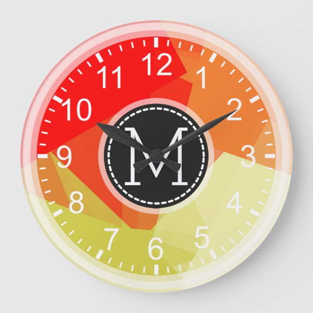 Red Orange Mosaic Modern Monogram Large Clock (Front)