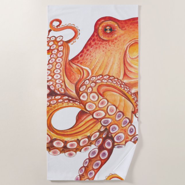 Red Orange octopus Watercolor Art Beach Towel (Front)