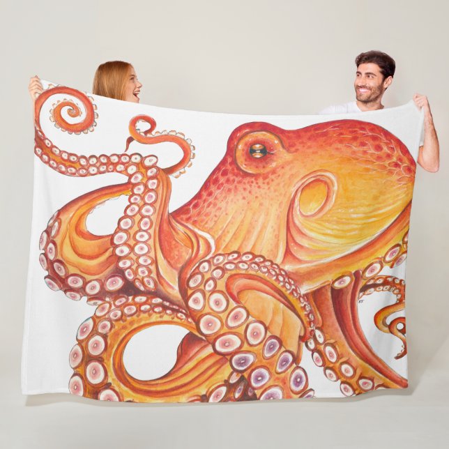 Red Orange Octopus Watercolor Fleece Blanket (In Situ)