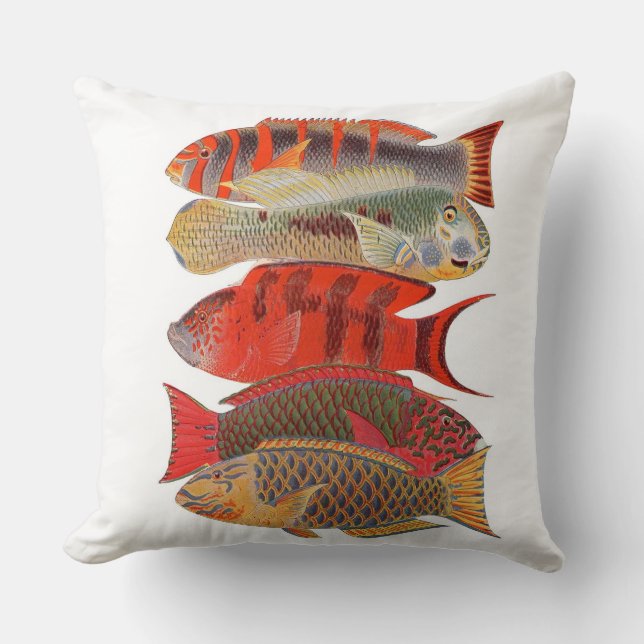 Red/Orange Parrot Fish, White Throw Pillow (Front)