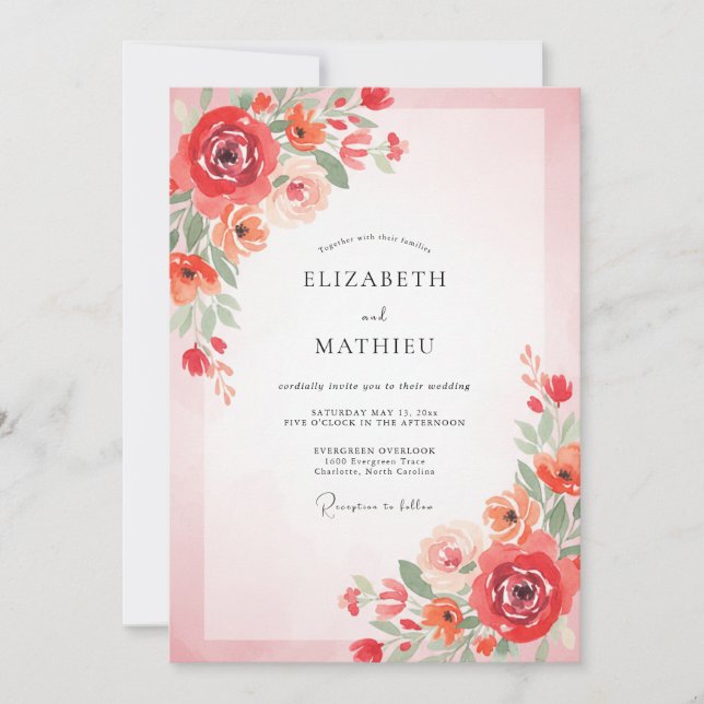 Red Orange Peony Wedding Invitation (Front)