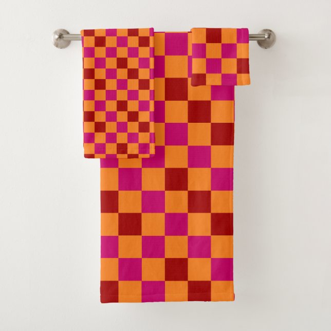 Red Orange Pink Chequered Pattern Design  Bath Towel Set (Insitu)