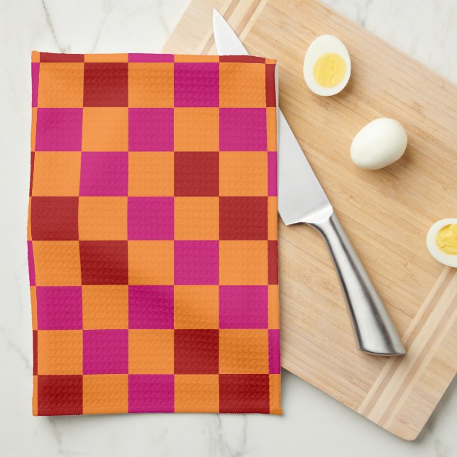 Red Orange Pink Chequered Pattern Design  Kitchen Towel (Quarter Fold)