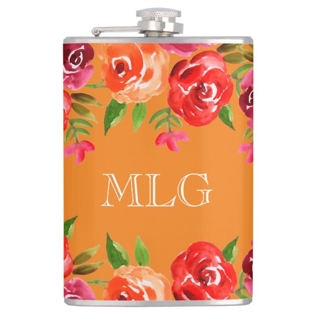 Red Orange Pink Flowers Hip Flask (Front)