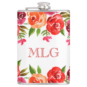 Red Orange Pink Flowers & Leaves Chic Girly Hip Flask