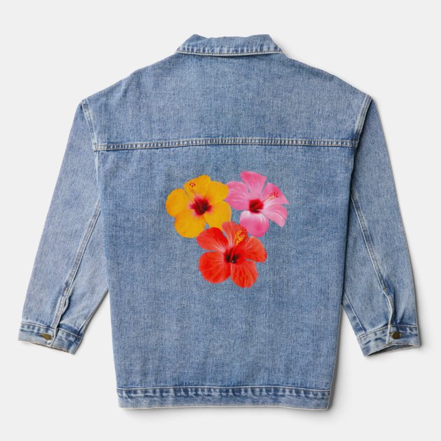 Red Orange Pink Hibiscus Flowers Denim Jacket (Back)
