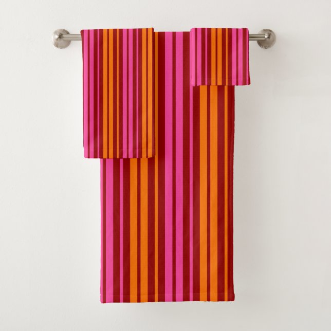 Red Orange Pink Vertical Stripes Design   Bath Towel Set (Insitu)
