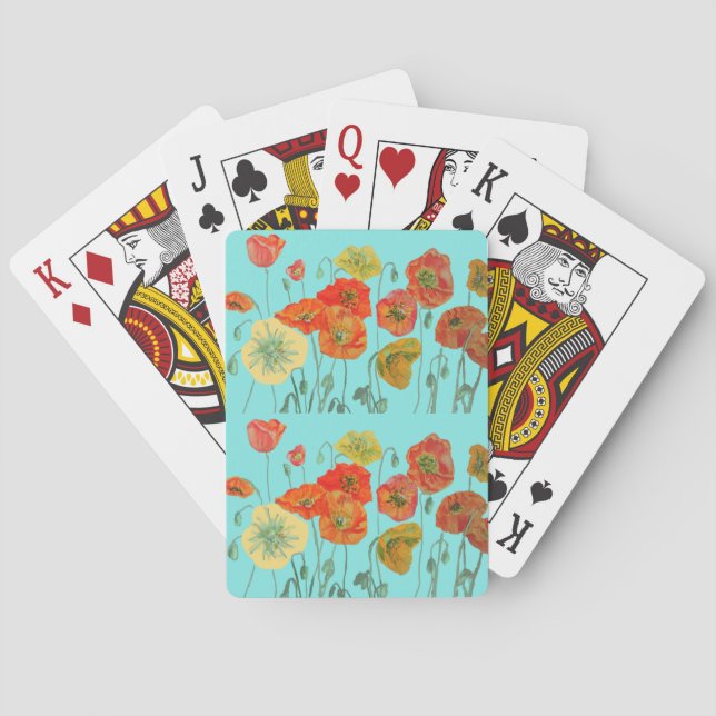Red Orange Poppy Aqua Flower Playing Cards Set (Back)