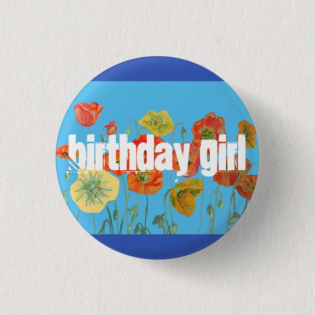 Red Orange Poppy floral Birthday Girl Art Flower 1 Inch Round Button (Front)