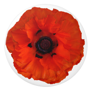 Red Orange Poppy Floral Drawer Pull Knob