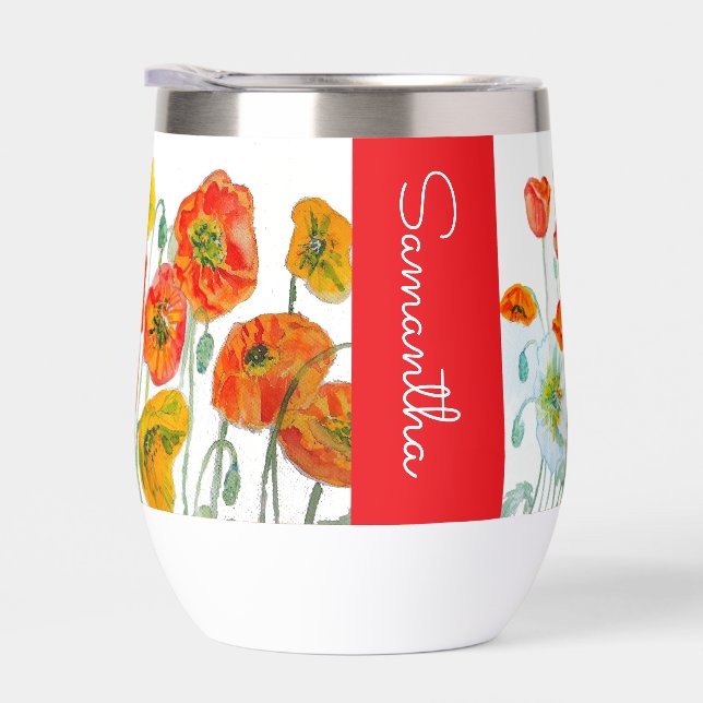 Red Orange Poppy Flower Watercolor Womans Name (Right)