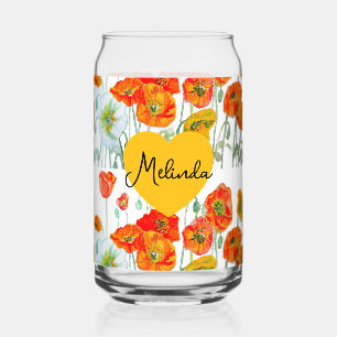 Red Orange Poppy Flower Watercolor Womans Name Can Glass