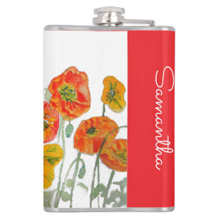 Red Orange Poppy Flower Watercolor Womans Name Hip Flask