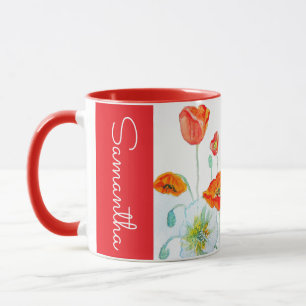 Red Orange Poppy Flower Watercolor Womans Name Mug