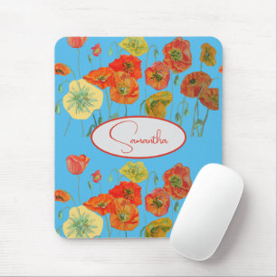 Red Orange Poppy Poppies floral Blue Girls Name Mouse Pad
