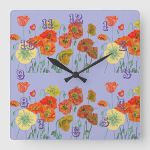 Red Orange Poppy Watercolor Pastel Purple Clock