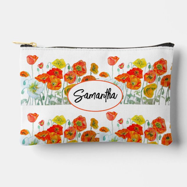 Red Orange Poppy Watercolour Flower Ribbon Accessory Pouch (Front)