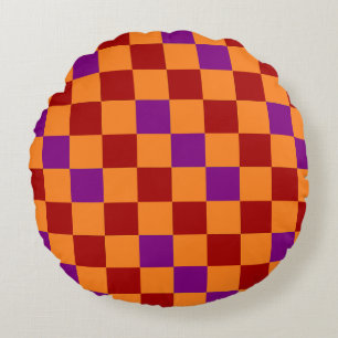 Red Orange Purple Checkered Pattern Design Round Pillow