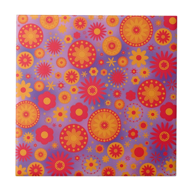 Red Orange & Purple Hippy Flower Pattern Tile (Front)