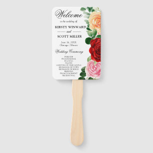 Red Orange Roses Summer Flowers Wedding Program Hand Fan