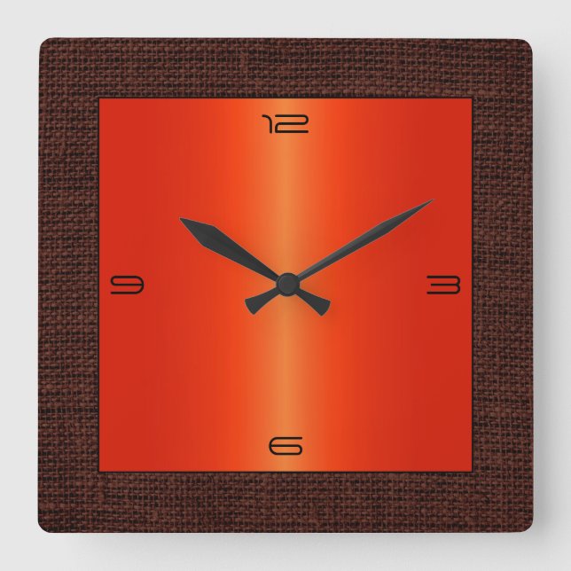 Red Orange Stainless Steel Modern Burlap Border Square Wall Clock (Front)