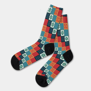 Red Orange Teal Classic European Mosaic Tiles Socks