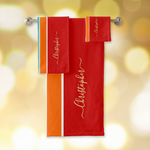Red Orange Teal Racing Stripes Faux Gold Monogram Bath Towel Set