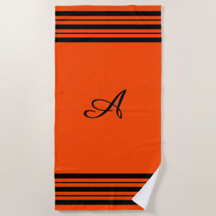 Red Orange w Black Stripes Bars Vertical Monogram  Beach Towel