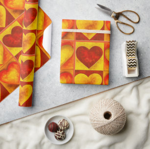 Red Orange Watercolor Painted Hearts Love Wrapping Paper