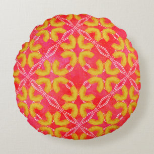 Red, Orange, White Hipster Pattern Round Pillow