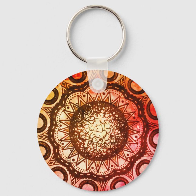 Red, Orange & Yellow Abstract Mandala Art Keychain (Front)