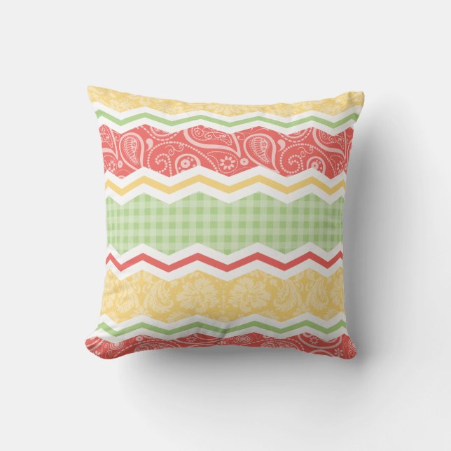 Red-Orange, Yellow, and Green Country Patterns Throw Pillow (Front)