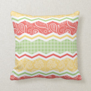 Red-Orange, Yellow, and Green Country Patterns Throw Pillow