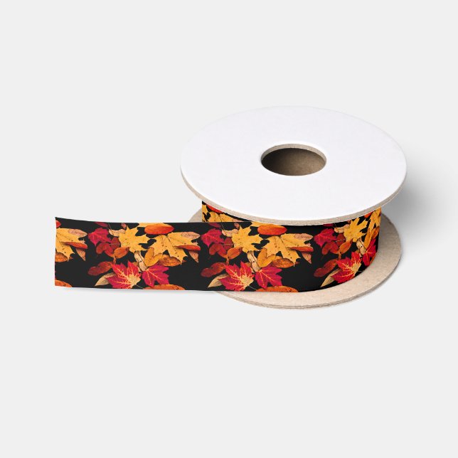 Red Orange Yellow Brown Autumn Leaves Satin Ribbon (Spool)
