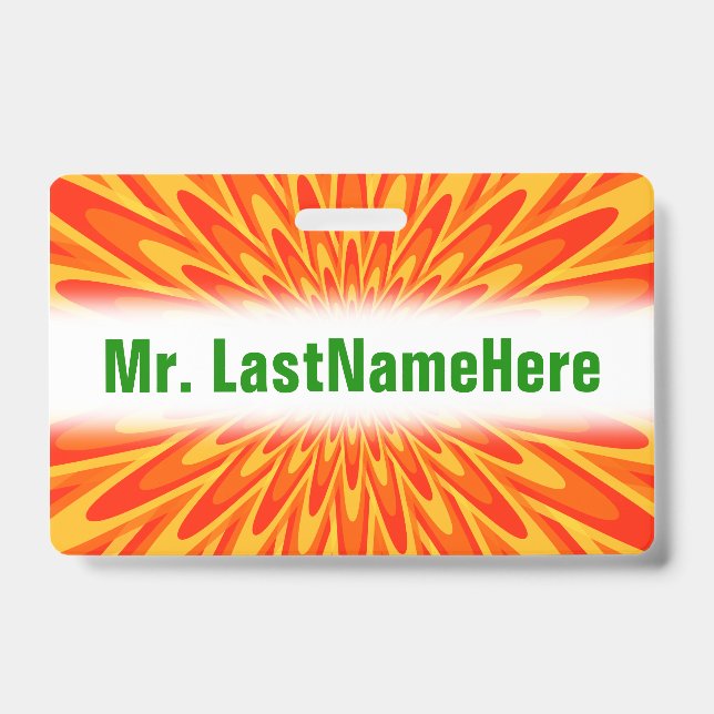 Red, Orange, Yellow Bursting Pattern + Custom Name Badge (Front)